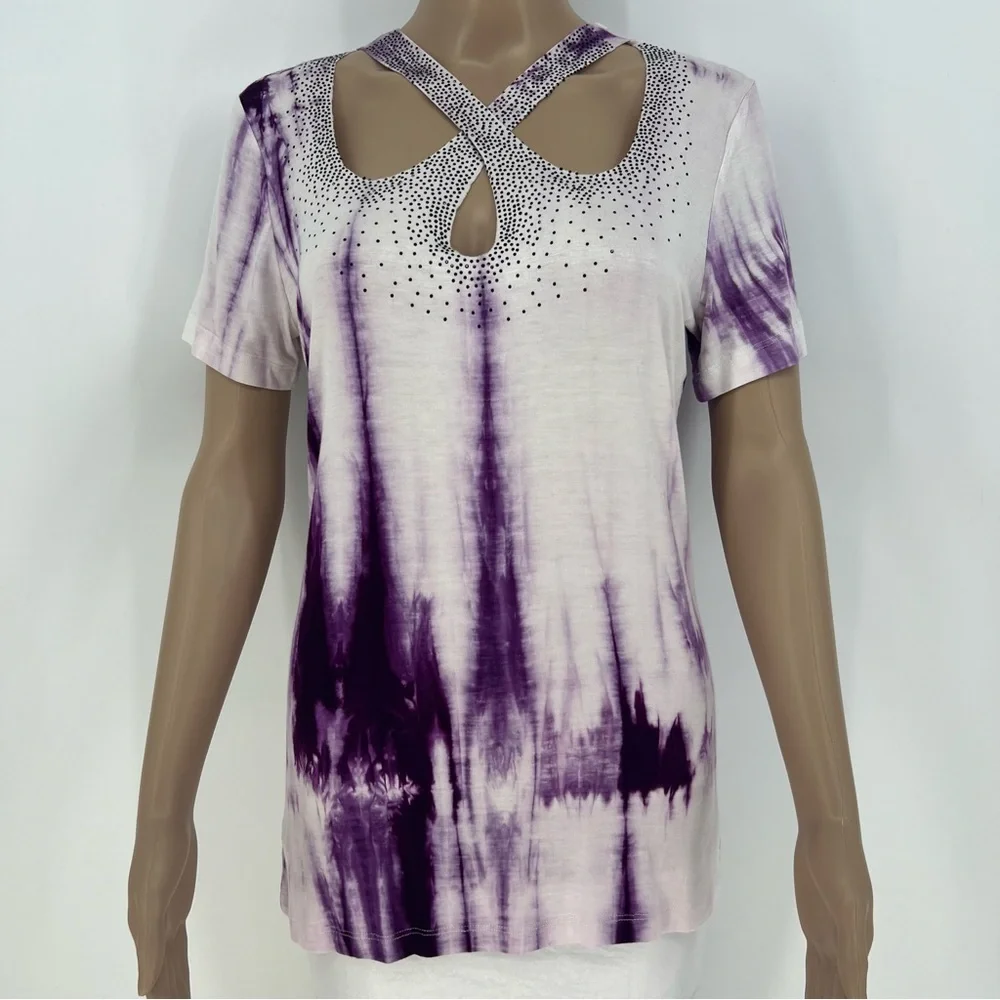 Vocal Top Womens Purple and White Cut Out Crisscross Neckline With Rhinestones - Picture 1 of 10